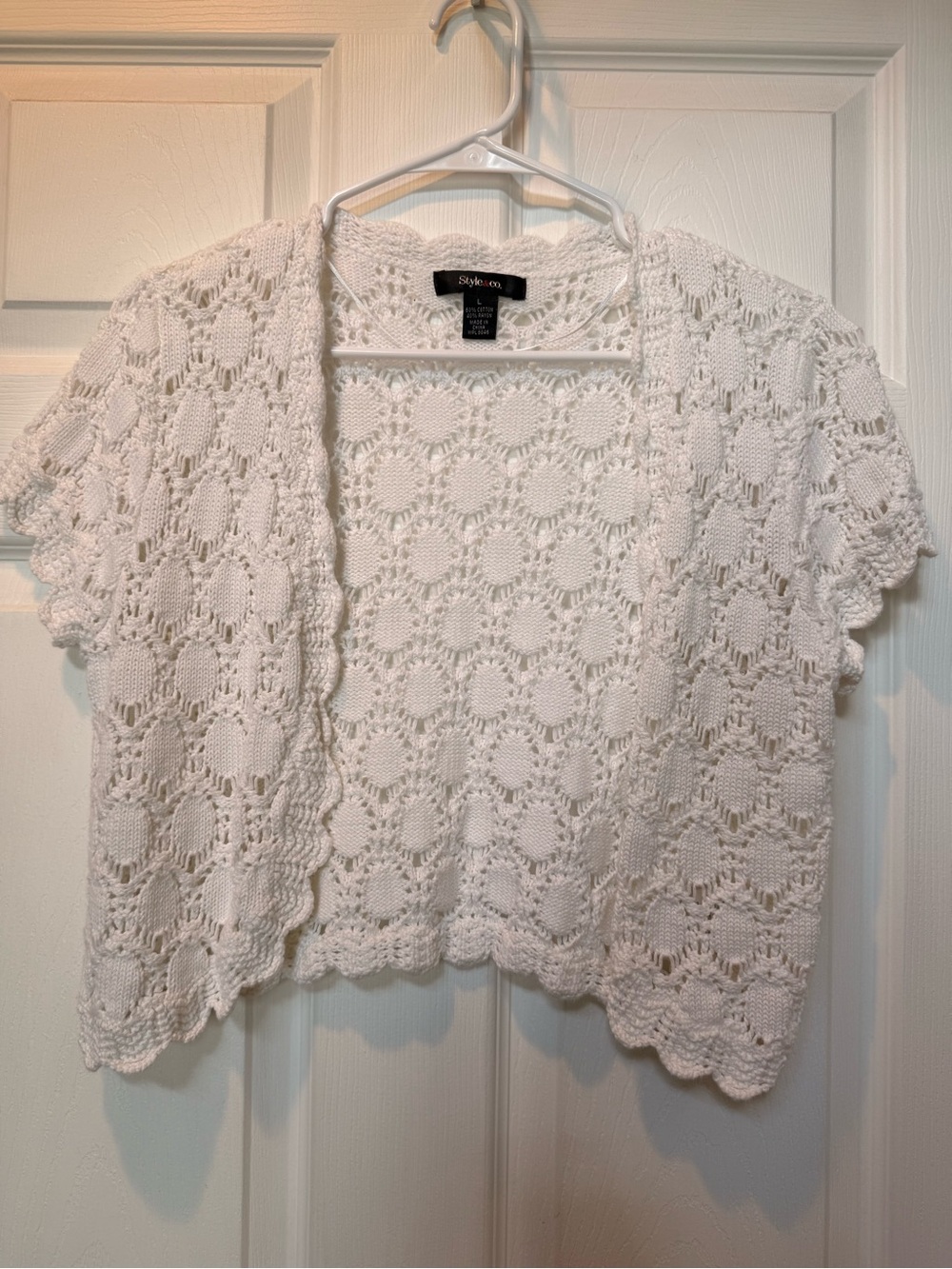 Style & Co. White Crocheted Short Sleeve Shrug